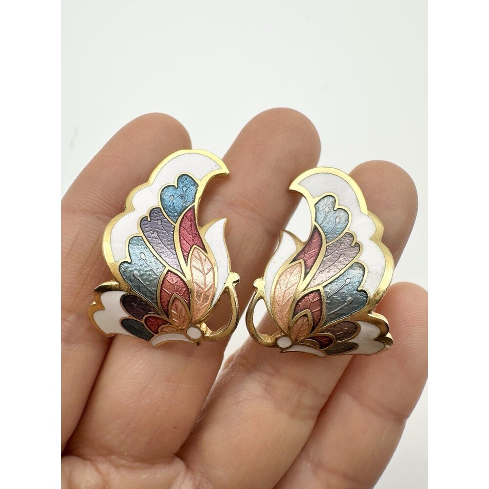 Vintage Enamel Cloisonne Butterfly Gold Tone Earrings Colorful